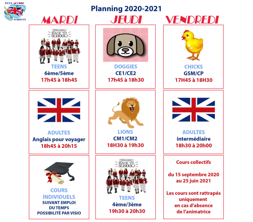 Planning 2020-2021 cours d'anlais à Bessières